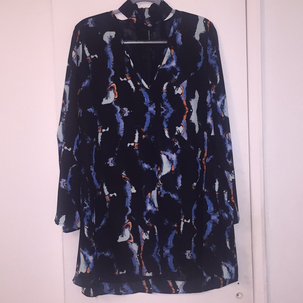Oliviaoceous Blue Abstract Print Choker V-Neck Cutout Long Sleeve Mini Dress